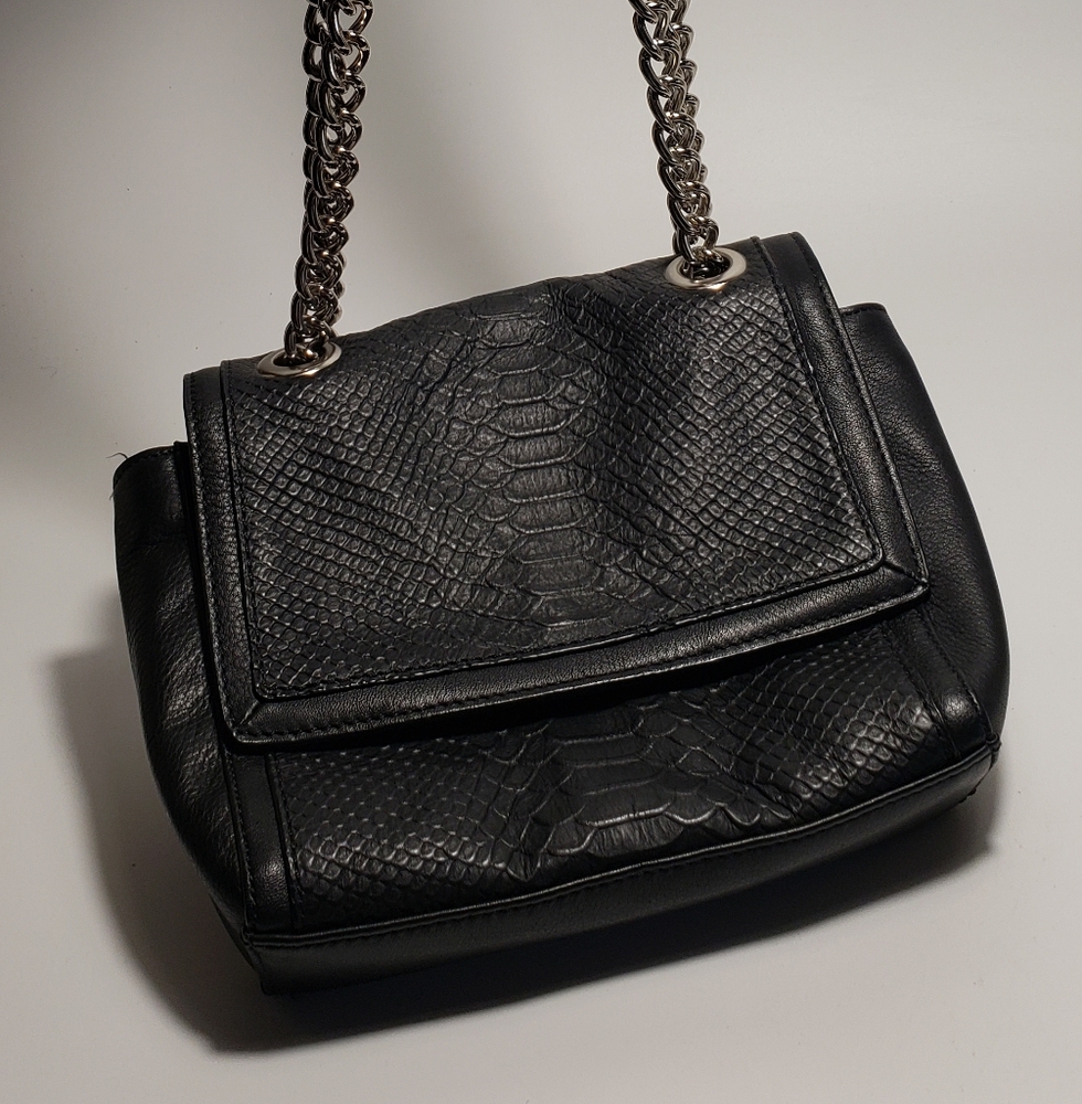Black leather snakeskin silver link chain strap small purse Audrey Brooke